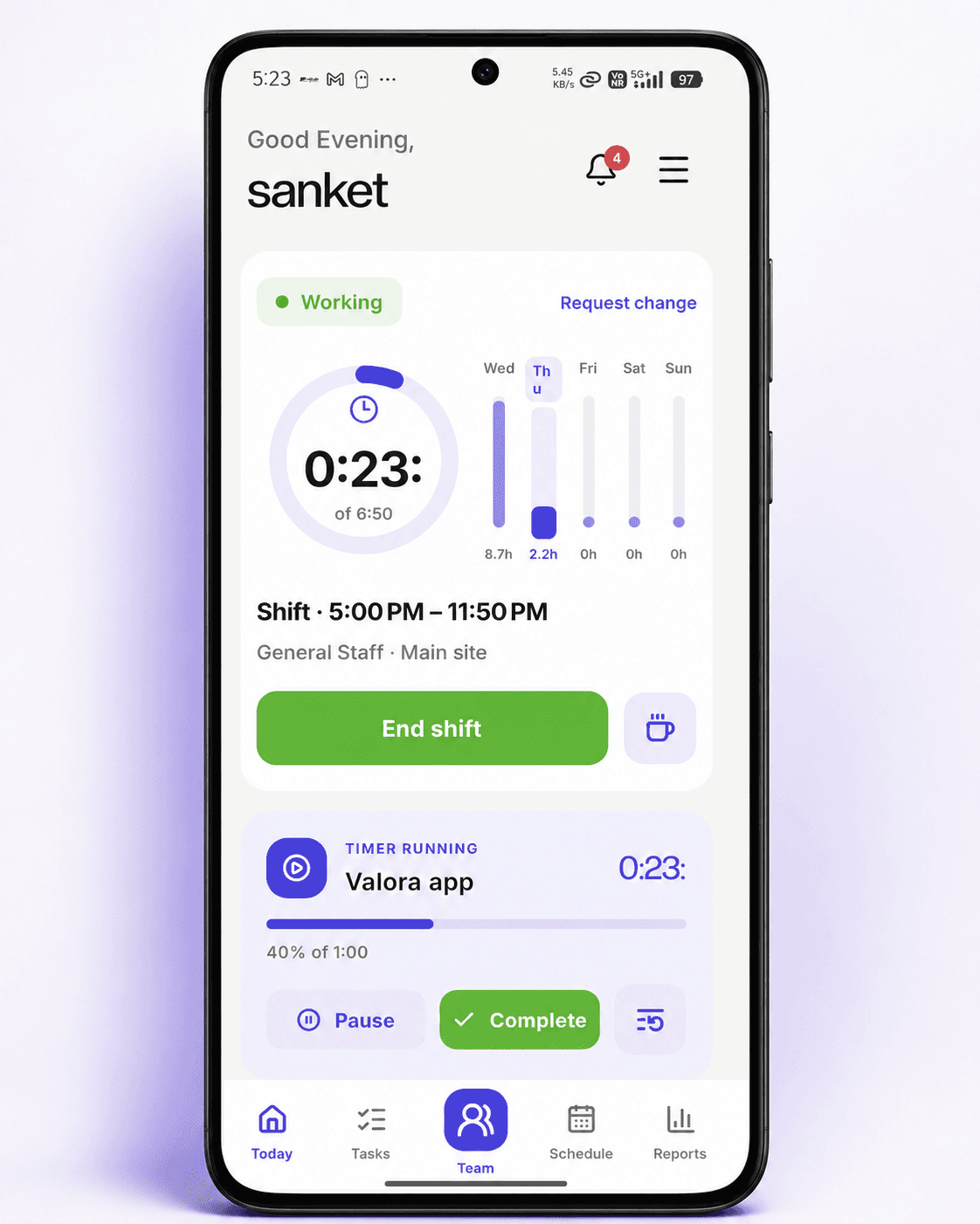 Krew mobile shift dashboard with working status, weekly hours, and active task timer